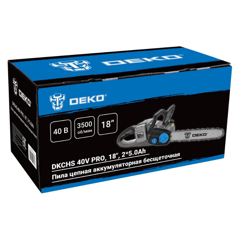 Пила цепная Deko DKCHS 40V PRO 080-2000, аккумуляторная, бесщеточная, 18", 2х20В, 2x5.0Ач, двойное зарядное устройство в Коврове