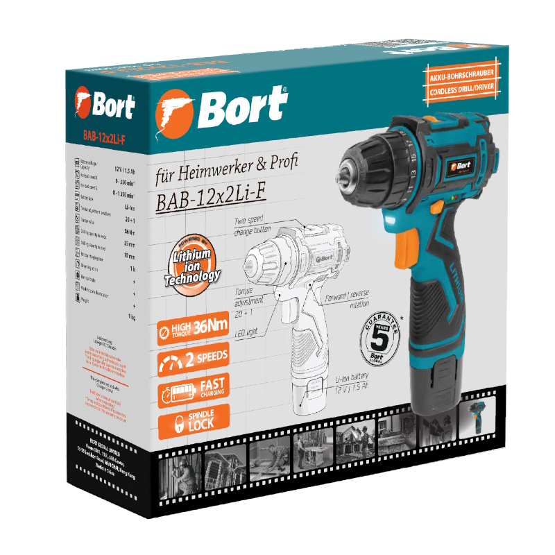 Дрель-шуруповерт аккумуляторная Bort BAB-12x2Li-F 93413083, 1x1,5 Ah
