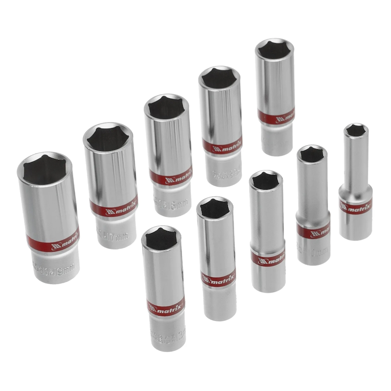 Набор удлиненных торцевых головок Matrix 13591, 3/8", 6 гранные, CrV, 8-19мм, 10 штук в Муроме