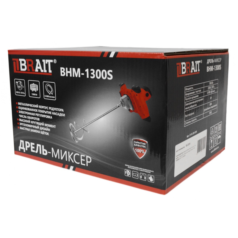 Дрель-миксер Brait BHM-1300S 21.01.281.093, 1300Вт, 220В/50Гц, 0-900об/мин, электро в Иваново