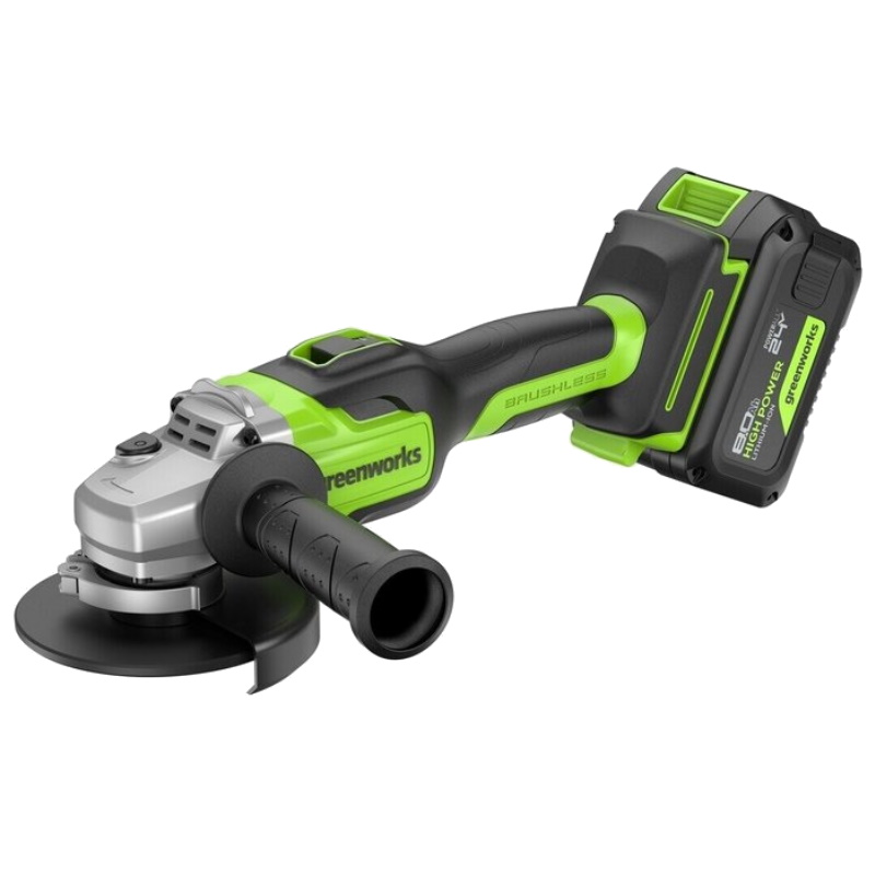 Угловая шлифовальная машина аккумуляторная Greenworks GD24AG 3200207CUH, 24V, б/щет, 125 мм, 10500 об/мин, 1x8Ач, ЗУ, коробка в Коврове