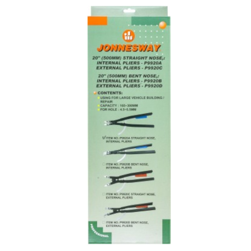 Щипцы прямые для стопорных колец Jonnesway P9920A 049247, с фиксатором, сжим, 165-300 мм, 4.5-5.5 мм, 500 мм в Кинешме