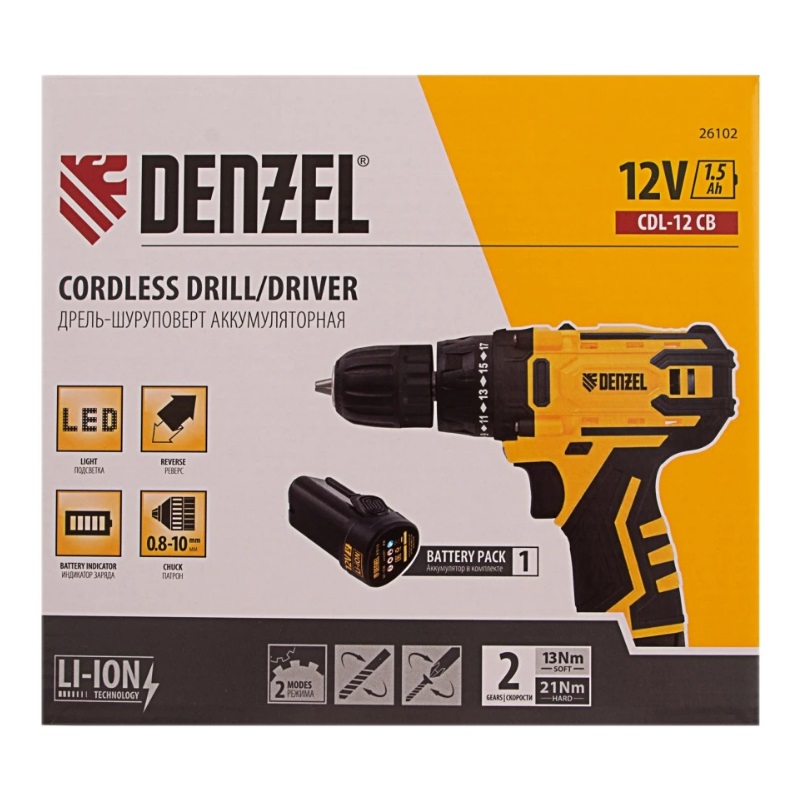 Дрель-шуруповерт аккумуляторная Denzel CDL-12CB 26102, Li-Ion, 12 В, 1 аккумулятор в Переславле