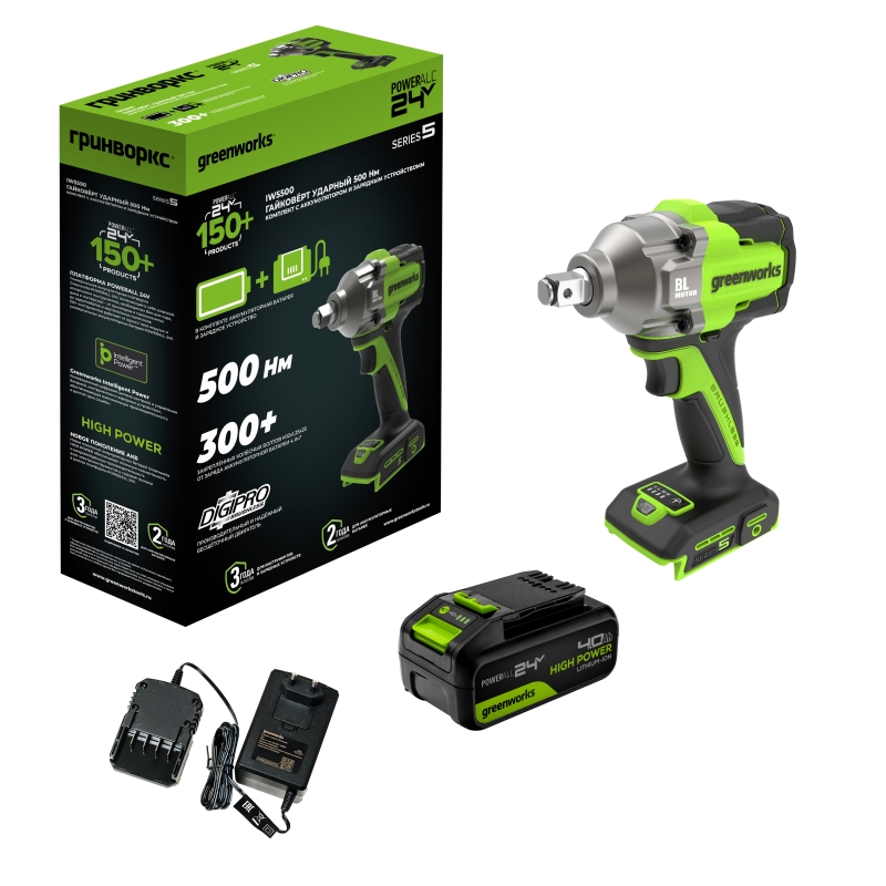 Гайковерт Greenworks IW5500 24V 3805007CUB, ударный, аккумуляторный, бесщеточный, 1/2'', 500Нм,3 режима,1х4Ач,ЗУ,кор