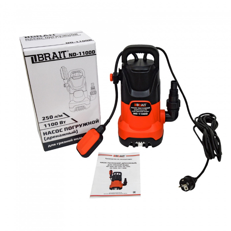 Насос дренажный погружной Brait ND-1100D 23.01.148.077, 250л/м, 1100Вт, до 35 мм, макс. напор 9,5м