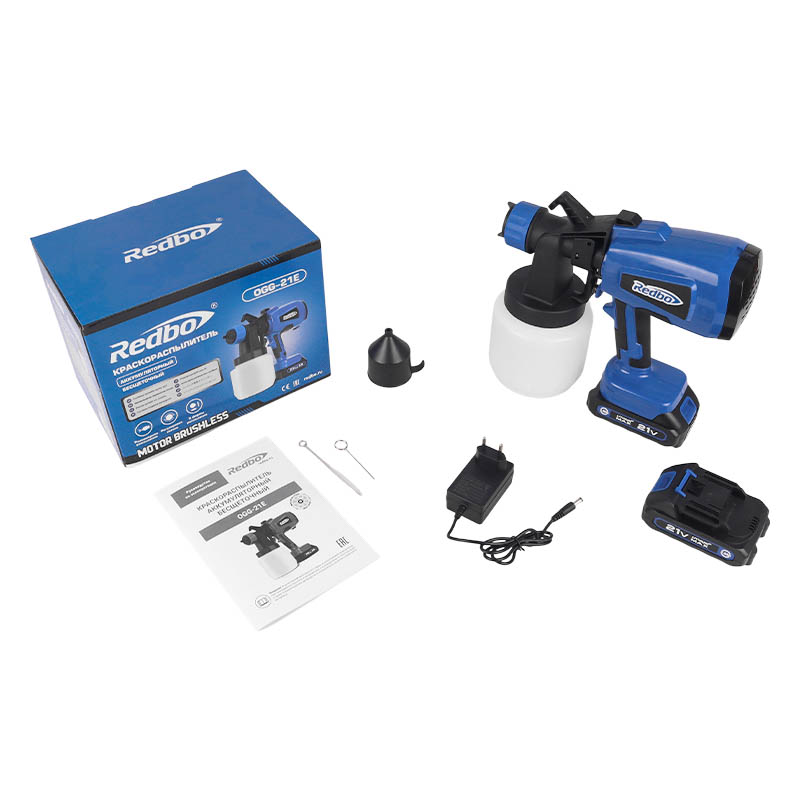 Аккумуляторный краскораспылитель бесщеточный Redbo OGG-21E ( 21 В2*2Ач под Makita LXT., 2.5 мм., 800 мл.)