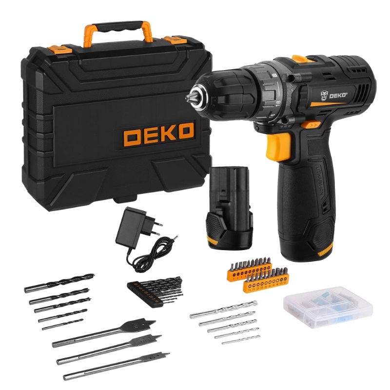 Аккумуляторная дрель-шуруповерт Deko GCD12DU3 SET5 063-4148, Li-Ion в кейсе + набор инструментов 92 шт., 12 В, 2х2.0 Ач, з/у в Переславле