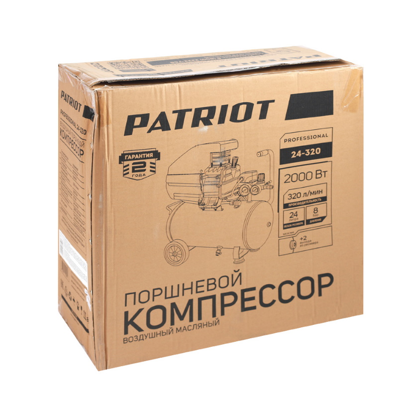 Компрессор поршневой масляный Patriot Professional 24-320, 320 л/мин, 8 бар, 2000 Вт, 24 л, быстросъемный 1/4" + "елочка" 525301945 в Твери