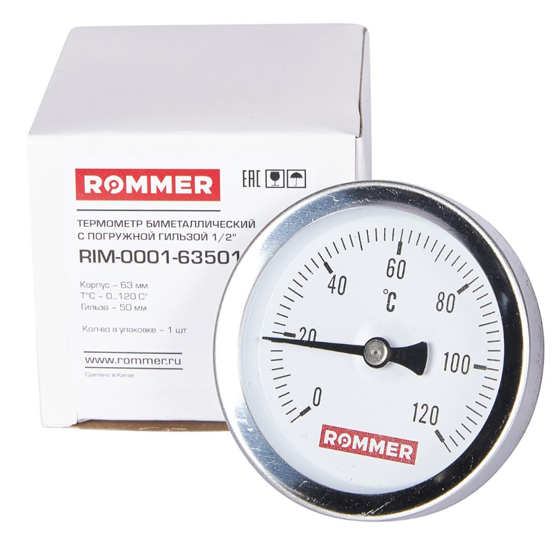 Термометр биметаллический с гильзой Rommer, корпус Dn 63 мм, гильза 50 мм 1/2 , 0...120°С в Угличе