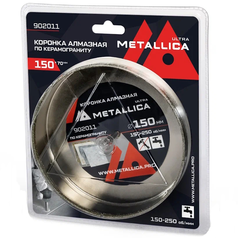 Коронка алмазная Metallica Ultra 902011, 150х70 мм, #46, с сверлом, по керамограниту, плитке, в блистере