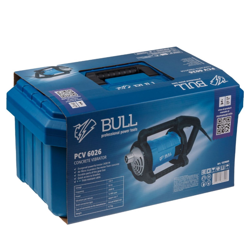 Вибратор глубинный Bull PCV 6026 1329605, в чемодане, 2600 Вт, 12000 об/мин, до 58 мм  в Иваново