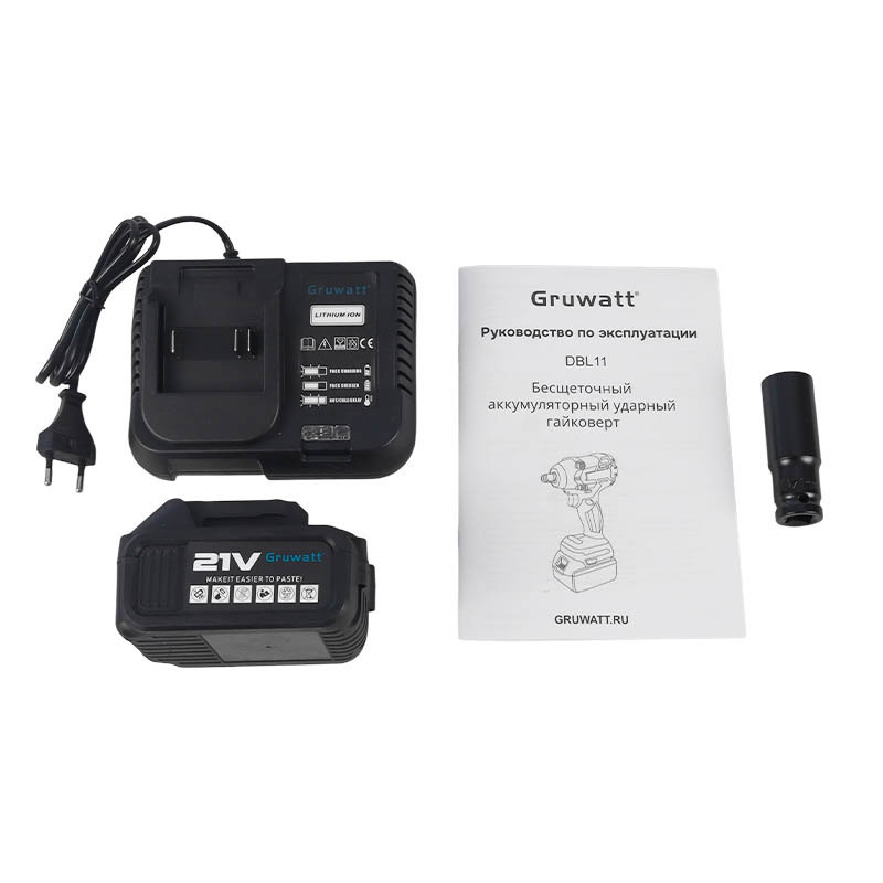 Бесщеточный ударный гайковерт Gruwatt DBL11, 700 Нм, 21v (под Makita LXT), 4Ah аккумулятор 2 шт, головка 19 мм, кейс в Кинешме