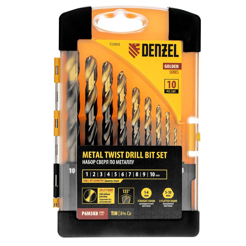 Набор сверл по металлу Denzel 723005, 1-10 мм, Р6М5К8-TiN, Golden Tip, 10 шт. в Муроме