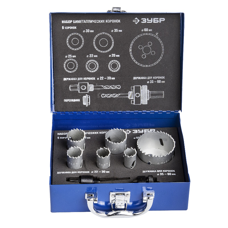 Набор коронок биметаллических Зубр ЭКСПЕРТ 29531-H6-1 глубина сверления до 38мм d 202225303560мм 4457₽