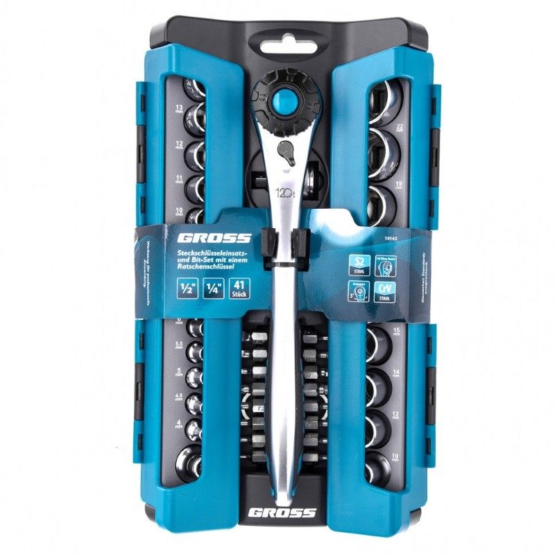 Набор торцевых головок Gross 14143, трещотка 120 зубьев, 1/2", 1/4", CrV, 41 предмет