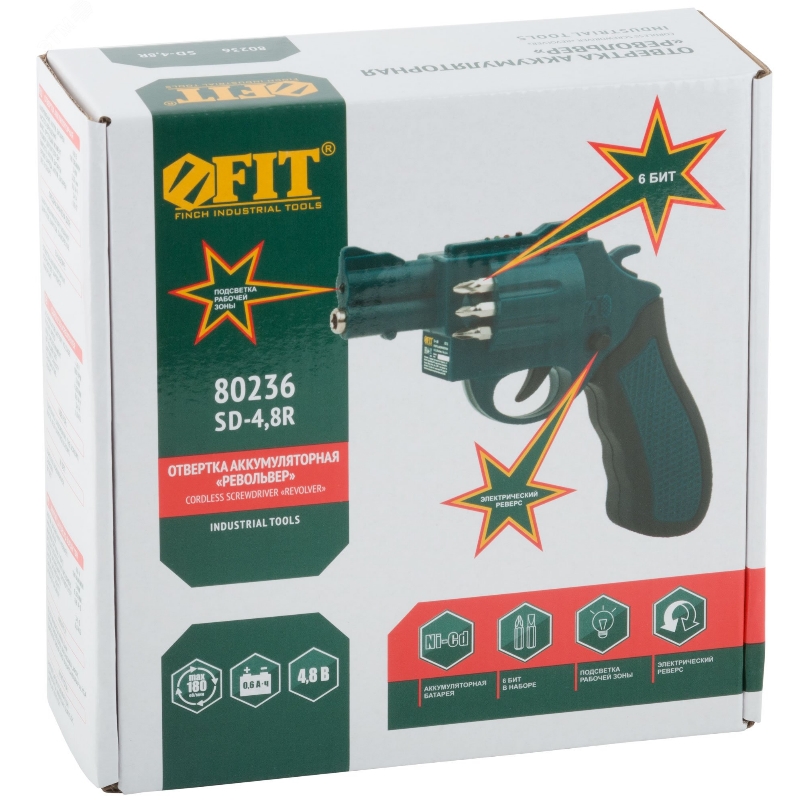 Отвертка Аккумуляторная Fit 80236, 4,8 В; 180 об/мин; 3 Нм; 1 (Ni-Cd) 0,6 Ач; 3-5 ч.; 0,6 кг; рез. накл.; подсвет.; индик.; держ.бит; кор. в Муроме