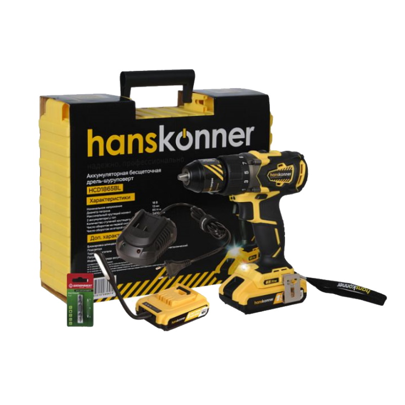 Дрель аккумуляторная Hanskonner HCD1865BL, бесщеточная, 18В, 2 аккумулятора, 2.4Ач, 65 Нм, патрон 13мм в Угличе