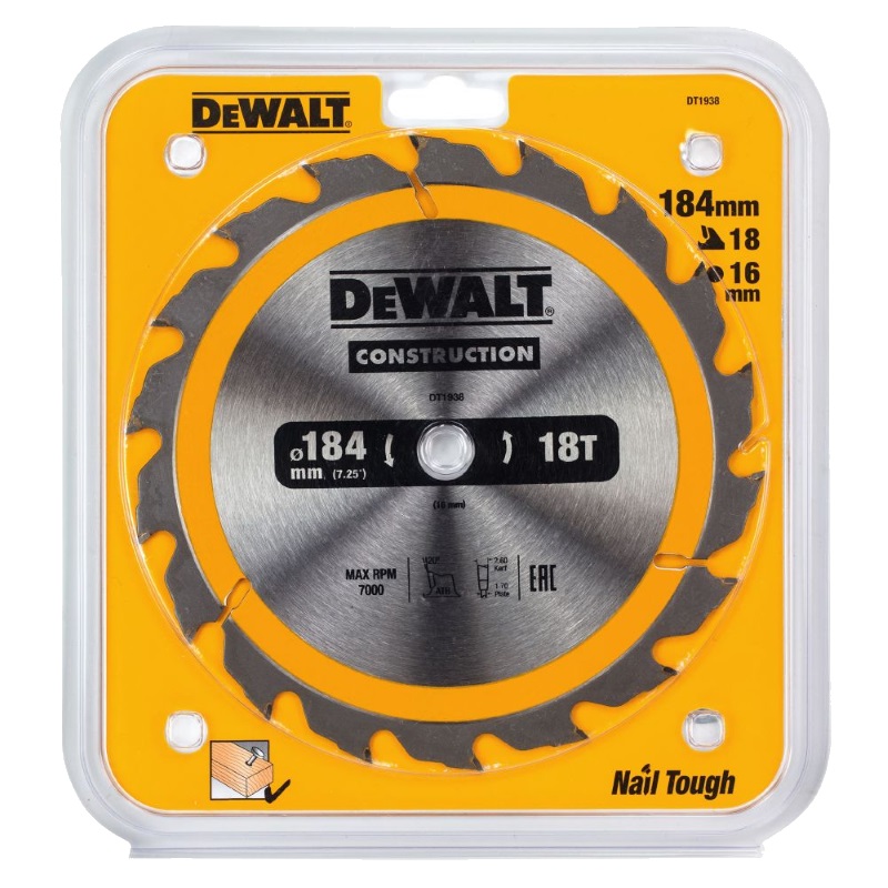 Пильный диск по дереву DeWalt DT1938, 184х16 мм, 18 зубов 