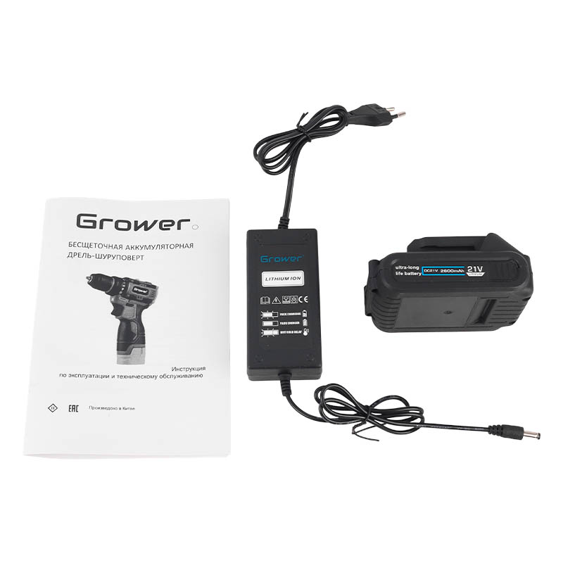 Бесщеточная ударная дрель-шуруповерт Grower DYS02, патрон 10 мм, 21v (под Makita LXT), 2.6Ah аккумулятор 2 шт, в кейсе в Иваново