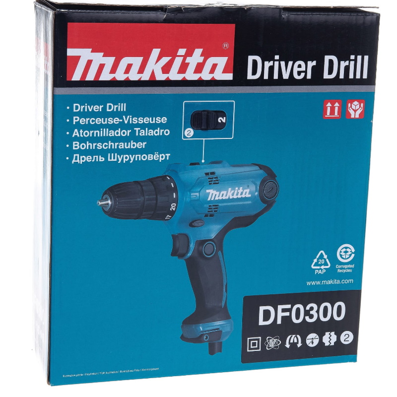 Сетевая дрель-шуруповерт Makita DF0300 (вес 1,2 кг, мощность 320 Вт, кабель 2,5 м)