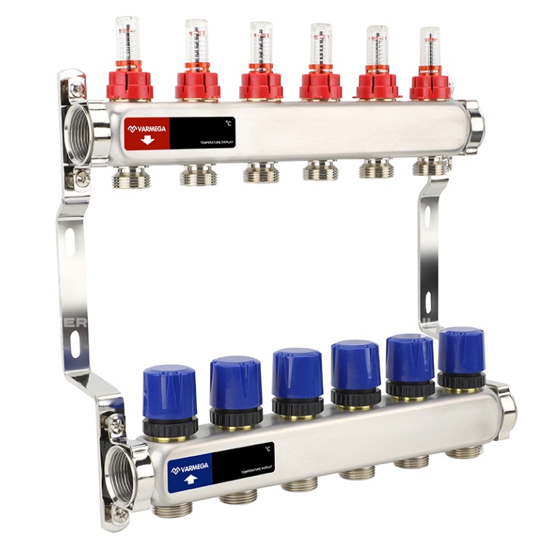 Коллекторная группа Varmega VM15106 ВР 1" с расходомерами на 6 контуров 3/4" EK, нержавеющая сталь
