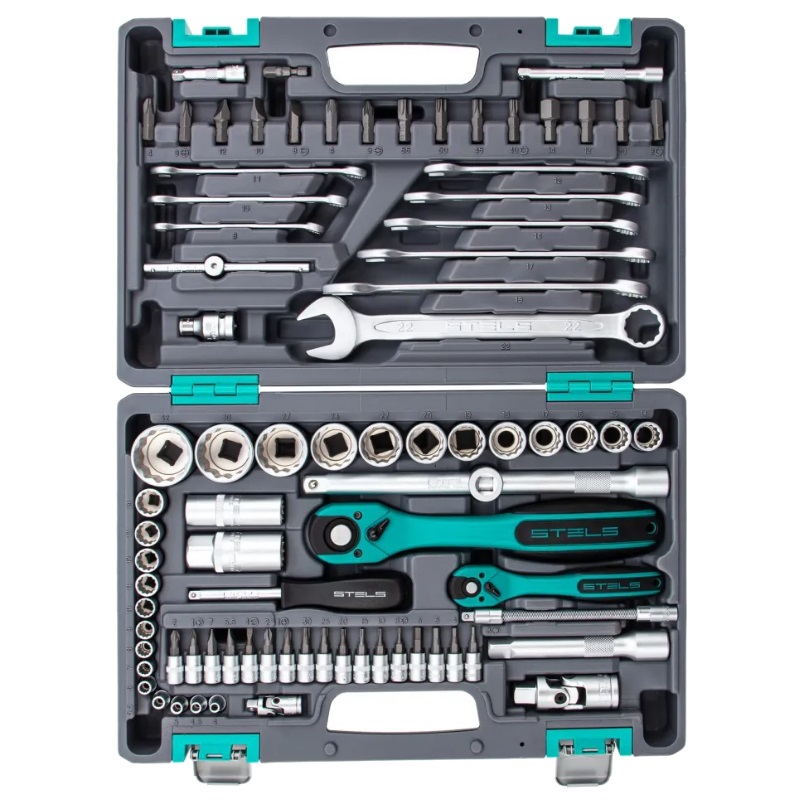 Набор инструментов Stels 14117, 1/2", 1/4", CrV, 12-гранные головки, пластиковый кейс, 82 предмета в Кинешме