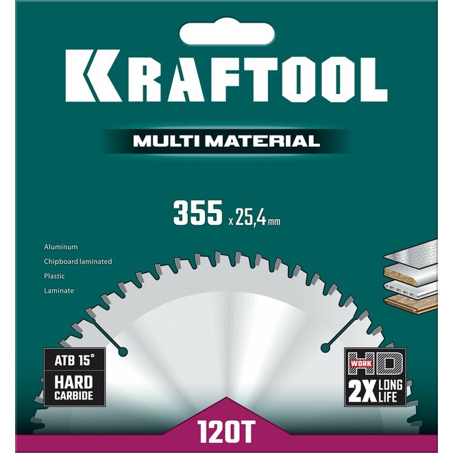 Пильный диск по алюминию Kraftool Multi Material 36953-355-25.4, 355 х 25.4 мм, 120Т во Владимире