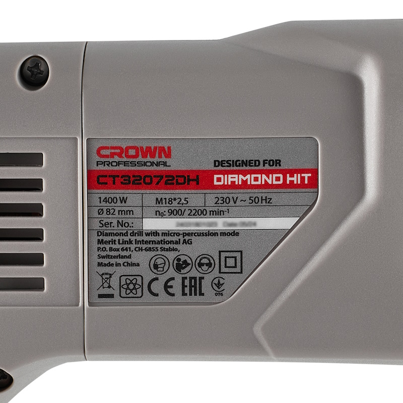 Дрель для сухого алмазного сверления Crown CT32072DH BMC, с микро-ударом + коронка 72мм + пылеуловитель, 1400Вт, М18, 82мм в Твери
