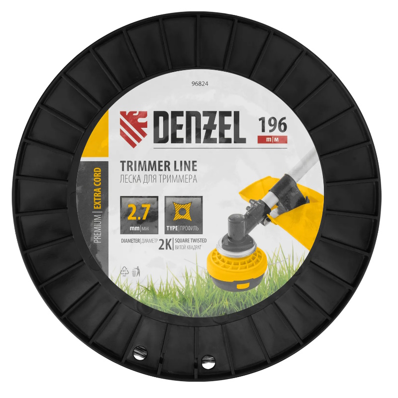 Леска для триммера Denzel EXTRA CORD 96824, двухкомпонентная, витой квадрат, 2,7мм х 196м, на DIN катушке  в Муроме