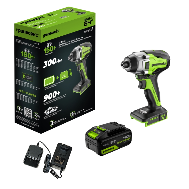 Винтоверт ударный аккумуляторный Greenworks GD24ID3 24V 3802807CUB, б/щет,0-2800об/мин,4000уд/мин,HEX 1/4, 300Нм,1x4Ач,ЗУ,кор в Ярославле