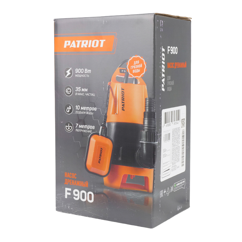 Насос дренажный для грязной воды Patriot F 900 315302409 (макс. напор 10 м, 0.9 кВт, вес 5.53 кг)