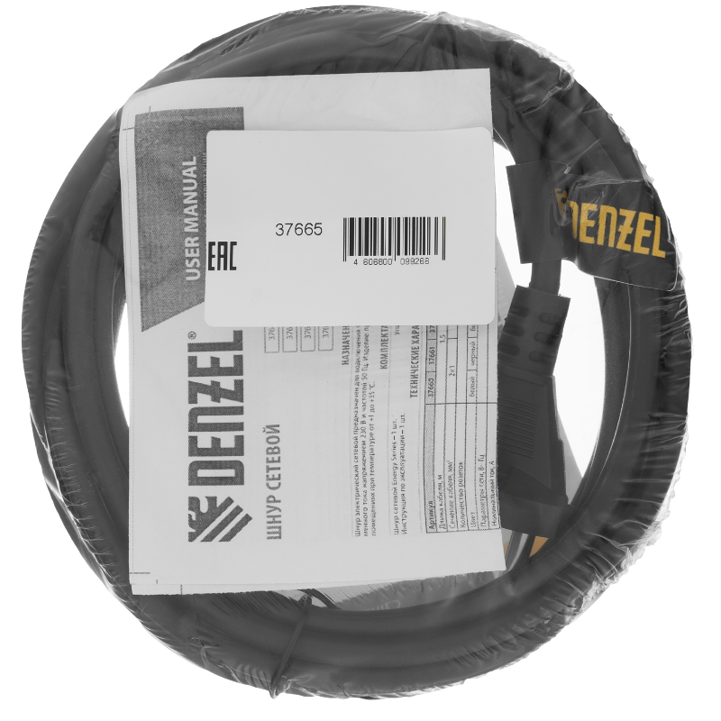 Шнур сетевой Denzel Energy Series 37665, ПВС, 3 м, 2х1 мм, с неразборной вилкой, черный в Твери