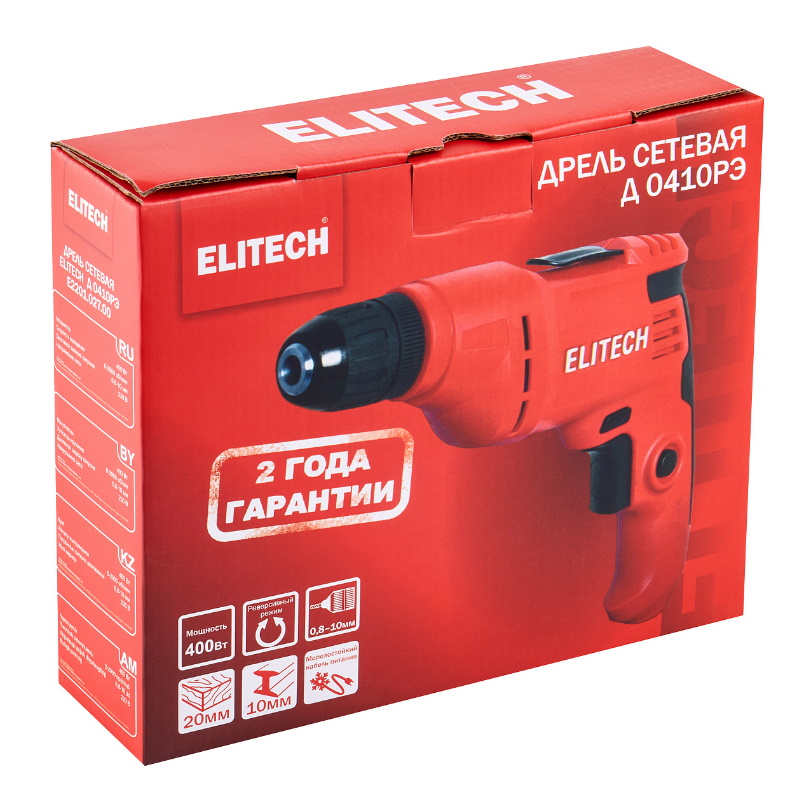 Дрель Elitech Д 0410РЭ (E2201.027.00) 204495, 400 Вт, БЗП-10мм, 0-2900об/мин, 1.2кг, кор,клипса в Переславле