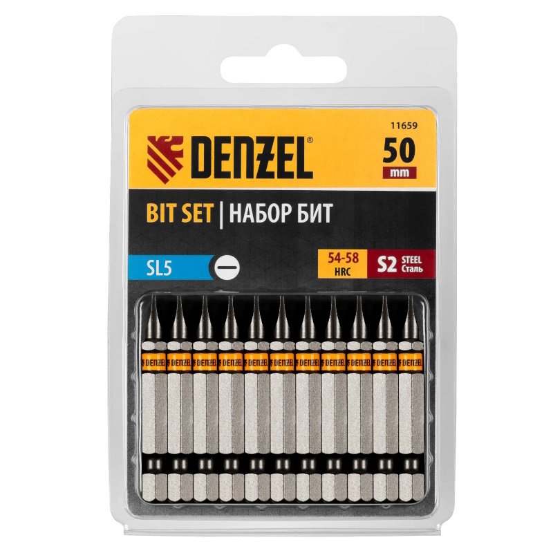 Набор бит Denzel 11659, SL5,0х50, сталь S2, шестигранный профиль, 10шт. в Твери