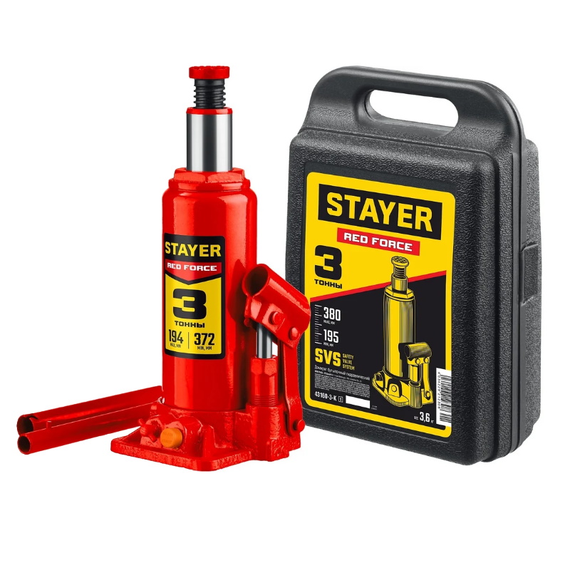 Домкрат бутылочный гидравлический Stayer Red Force Professional 43160-3-K, в кейсе, 3 т, 194 - 375 мм  в Муроме