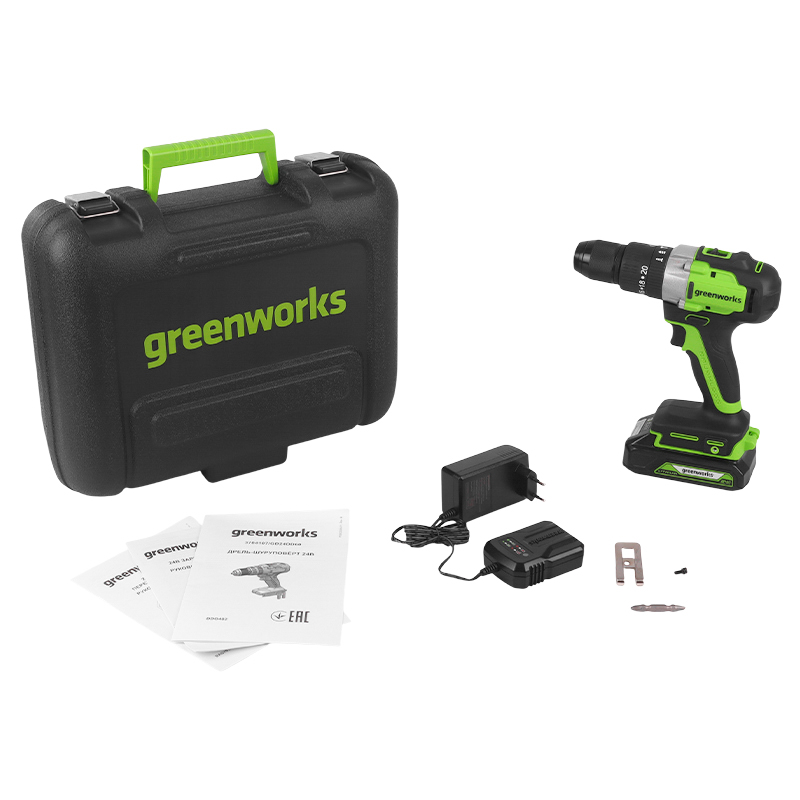 Дрель-шуруповерт ударная аккумуляторная Greenworks 3704107UA, 24В, в комплекте с АКБ 24В 2Ач и ЗУ в Твери