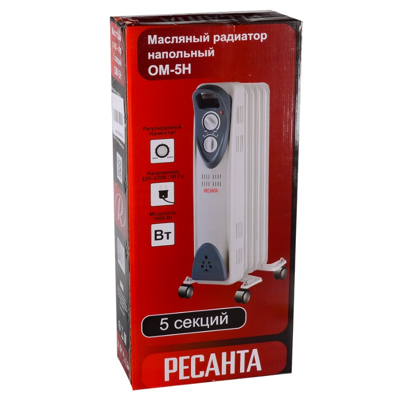 Масляный радиатор для дачи Ресанта ОМ-5Н 67/3/6 (5 секций, мощность 1000 Вт) в Ярославле