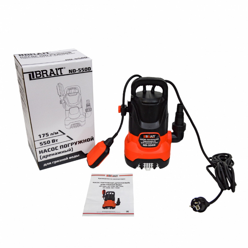Насос дренажный погружной Brait ND-550D 23.01.145.077, 175л/м, 550Вт, до 35 мм, макс. напор 7м в Туле