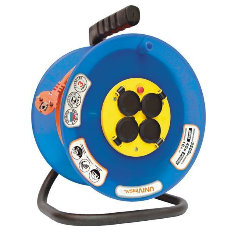 Удлинитель силовой на катушке 83285 4 гнезда с заземлением UNIVERSAL IP-44 ПВС 3x15 мм 16 А 3500 Вт 50 м 16531₽