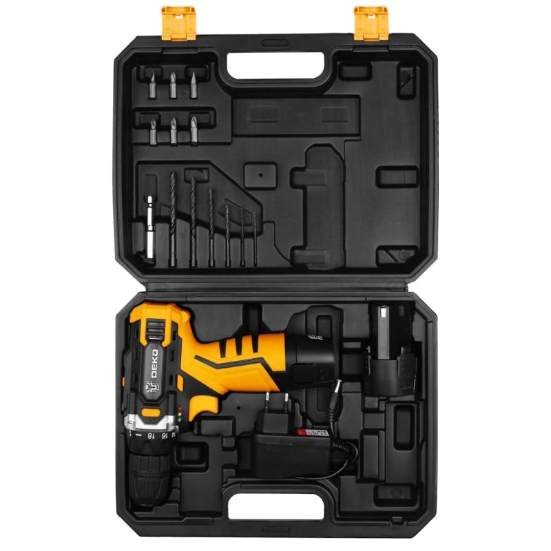 Аккумуляторная дрель-шуруповерт Deko DKCD12FU-Li SET3 063-4173, в кейсе, оснастка 13 шт., 2х2.0 Ач во Владимире