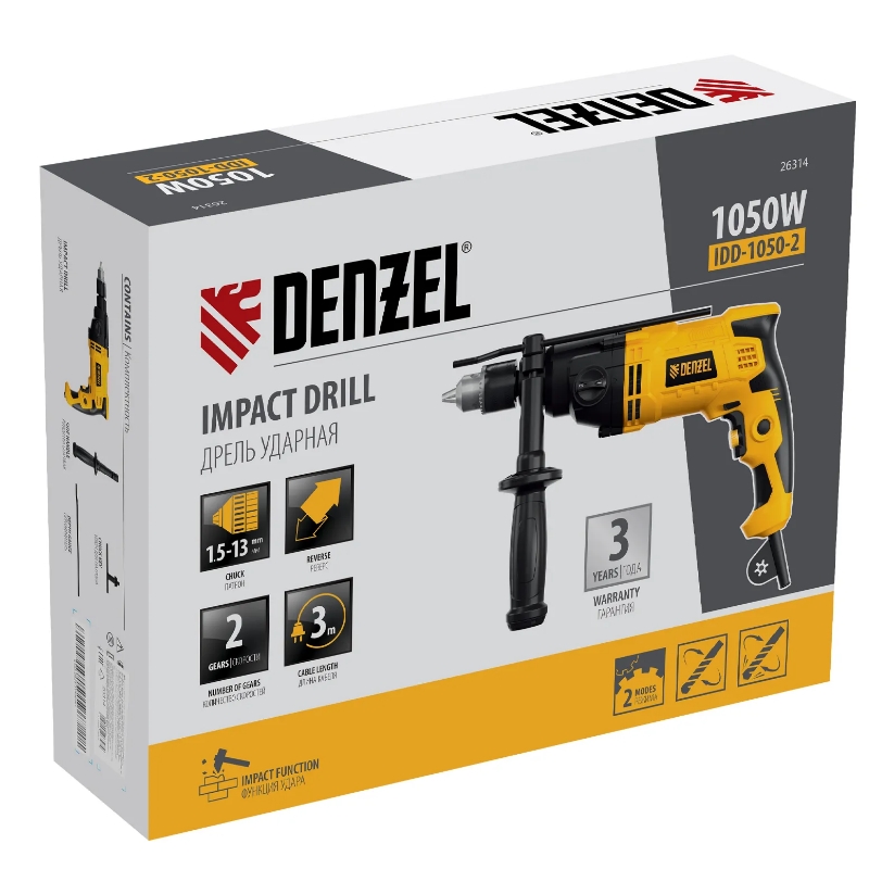 Дрель ударная Denzel IDD-1050-2 26314, 1050Вт, 0-1200/0-3200 об/мин, 0-19200/0-51200 уд/мин, 2 скор. в Туле