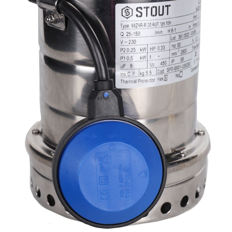 Насос дренажный с поплавком Stout SPD-0001-200250 Q=150 л/мин H=8 м в Муроме