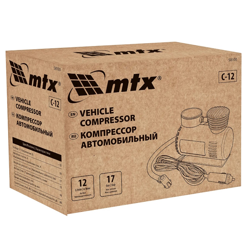 Компрессор автомобильный MTX С-12 58100, 12 В, 17 атм., 12 л/мин в Коврове