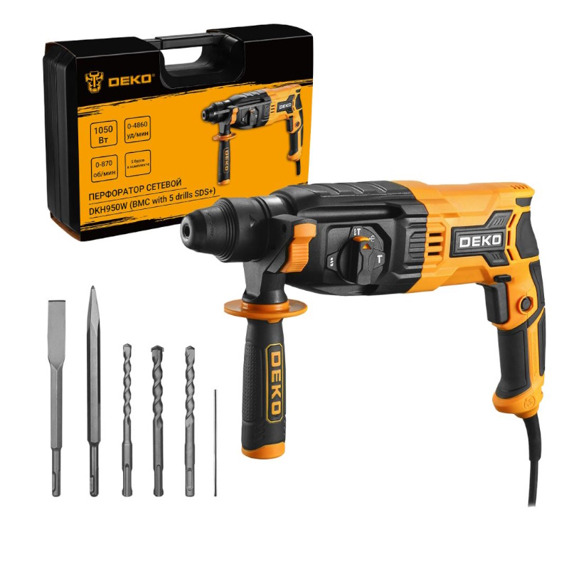 Перфоратор сетевой Deko DKH950W 063-4122 с набором из 5 буров SDS 1050 Вт 4860 удмин32 Дж 6443₽