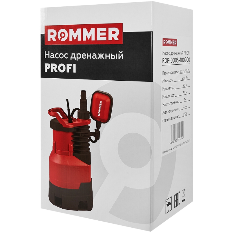 Насос дренажный Rommer RDP-0005-100900 PROFI, H-8.5м,Q-15.5м3/ч, кабель 10м, 900 Вт, для грязной воды в Муроме