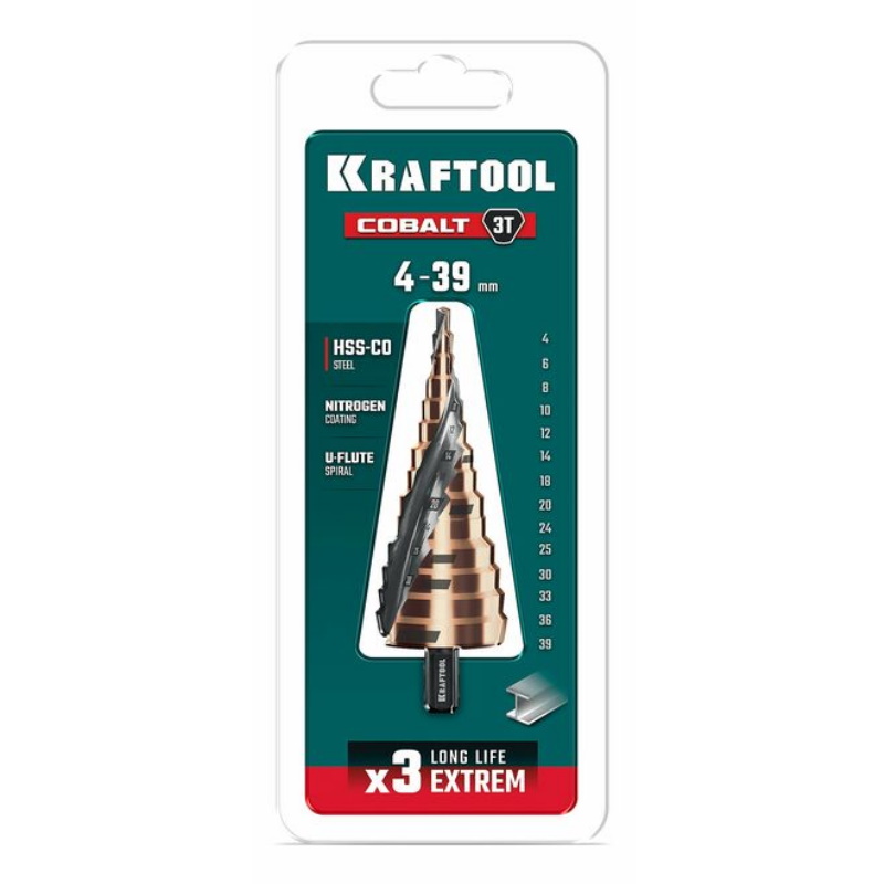 Сверло ступенчатое Kraftool COBALT 29691-4-39-14, 4-39 мм, 14 ступеней, азотирование, винтовая спираль в Переславле