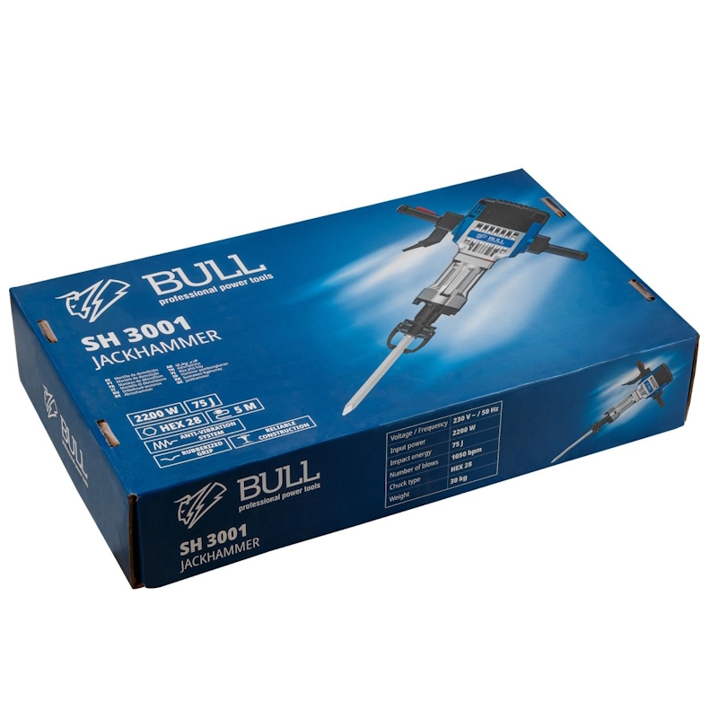 Отбойный молоток в коробке Bull SH 3001 1333638, 2200 Вт, 75 Дж, HEX 28.6 мм, 1050 уд/мин, 5 м кабель в Александрове