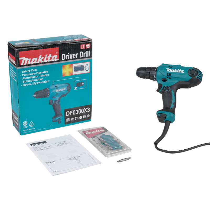 Сетевая дрель-шуруповерт Makita DF0300X3 + набор бит D-65028 10 шт. в Твери