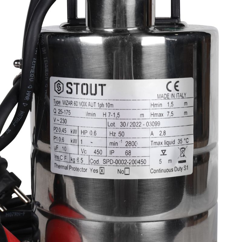 Насос дренажный с поплавком Stout SPD-0002-200450 Q=175 л/мин H=7,5 м