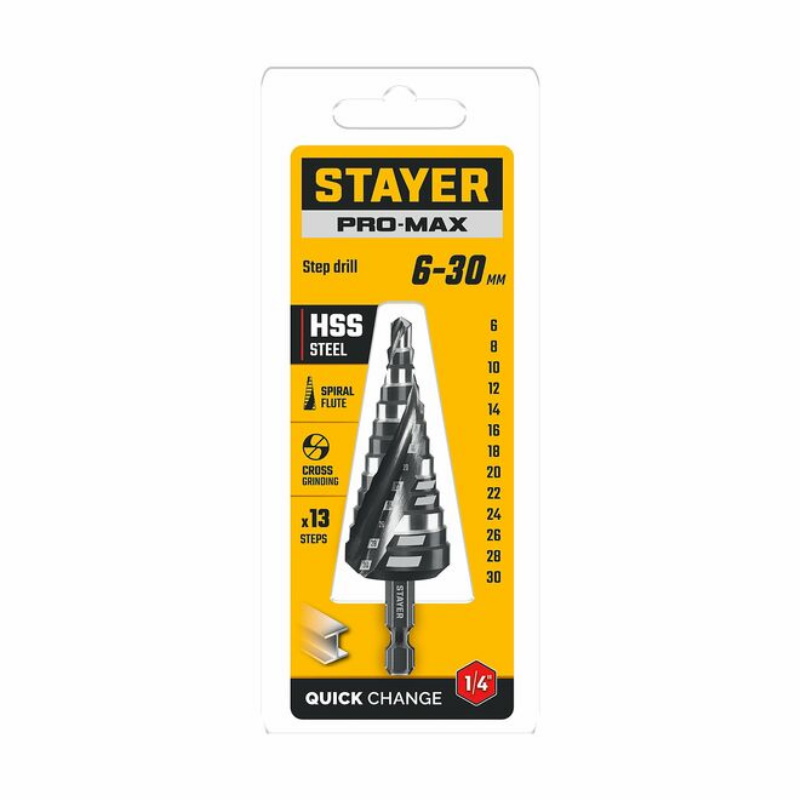 Сверло ступенчатое Stayer Pro-Max 29661-6-30-13, 6-30 мм, 13 ступеней, винтовая спираль в Угличе